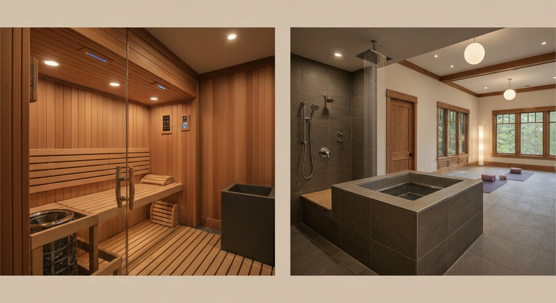 Complete home wellness room with infrared sauna, yoga space, and spa-like features in a luxurious, premium setting.