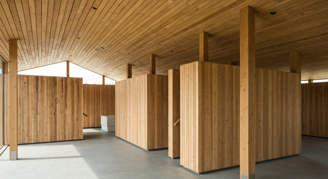 eco friendly sauna - Sustainable sauna design with natural materials, solar panels and lush green surroundings.