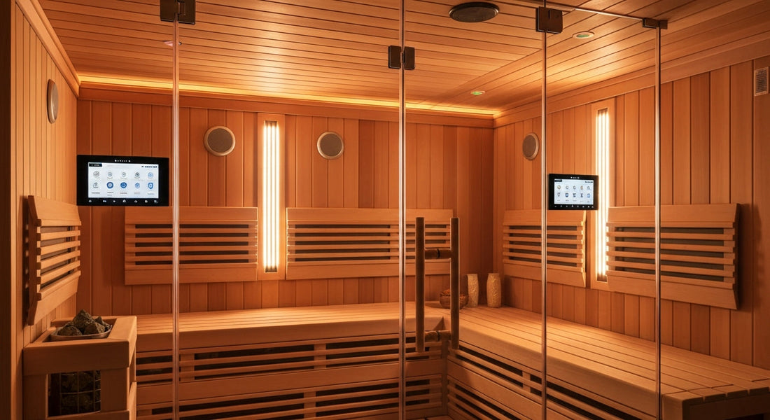 Future smart sauna with smart glass, touchscreen controls, and ambient responsive lighting in a sleek modern design.