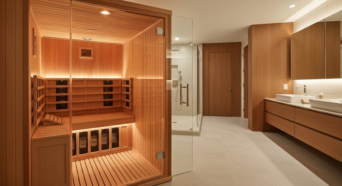 Best home infrared sauna with modern glass door, cedar interior, and LED lighting in a sleek bathroom setting.