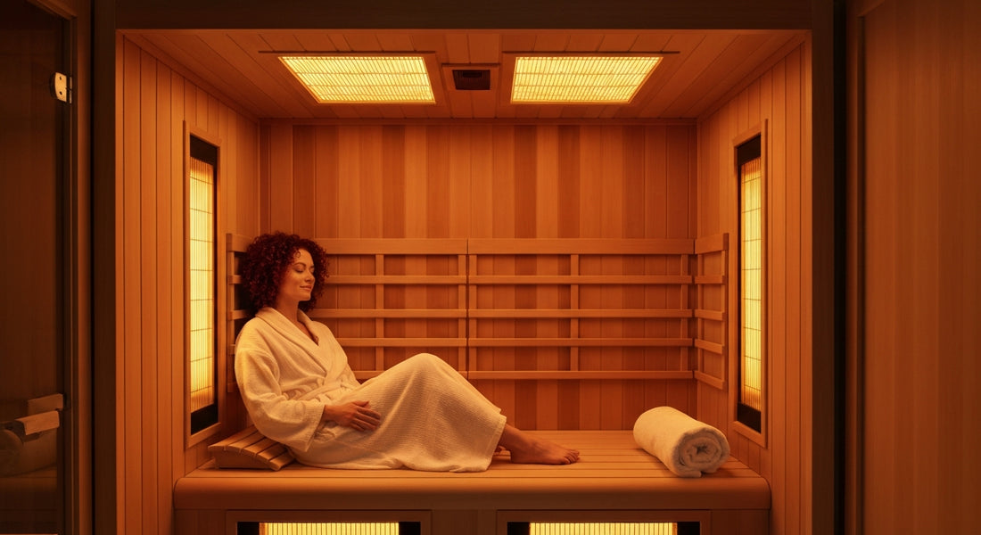 Relaxing in an infrared sauna, surrounded by warmth and natural light, promoting overall well-being and health.