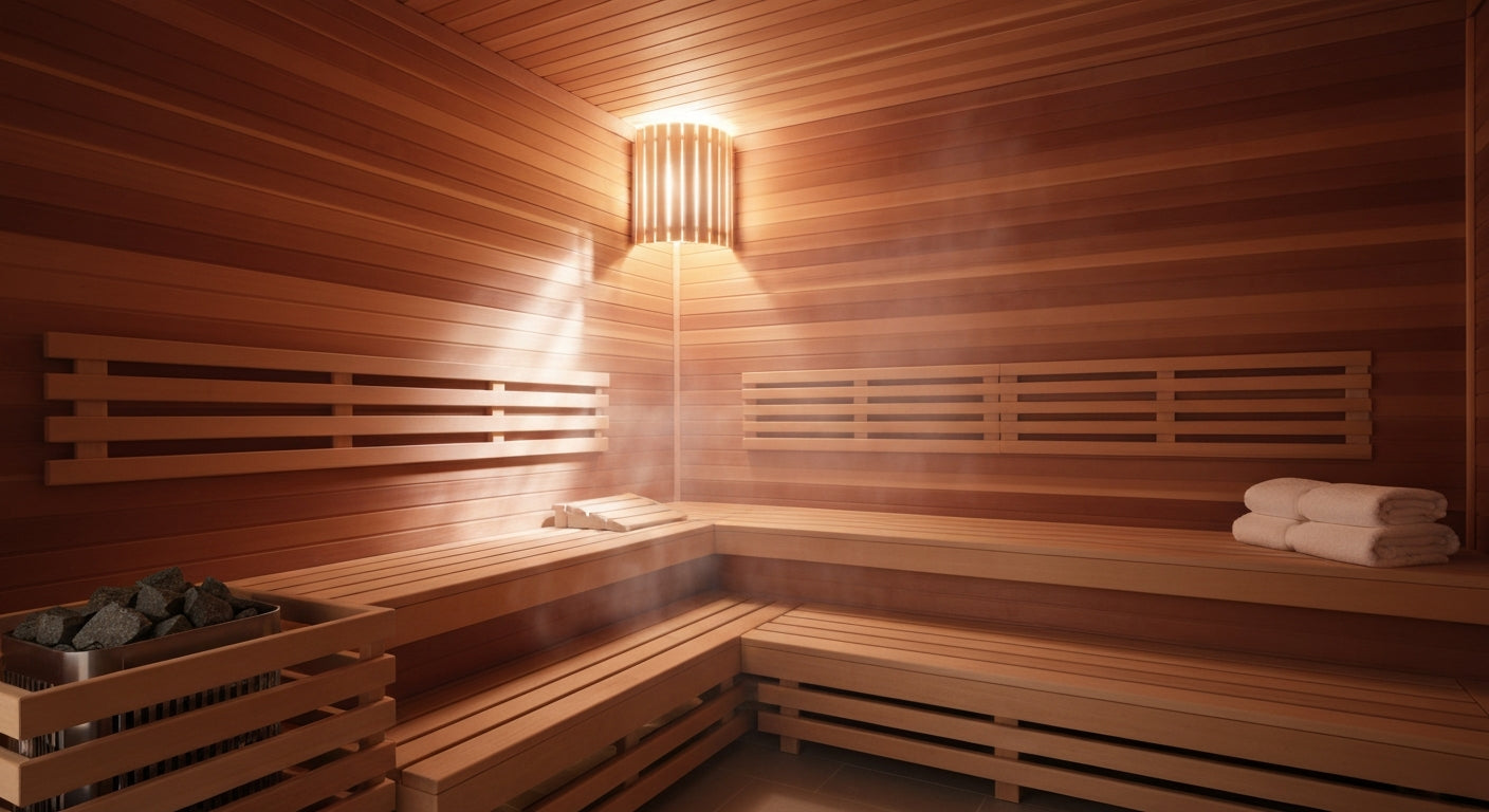 Healthy individuals relaxing in a modern sauna, surrounded by warmth and natural light, promoting immune system benefits.