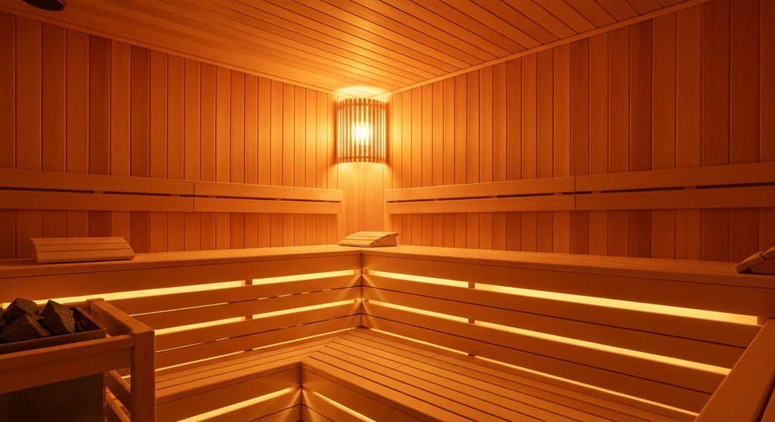 Sauna interior lighting details with LED fixtures and replacement accessories, showcasing warm ambiance and cozy atmosphere.
