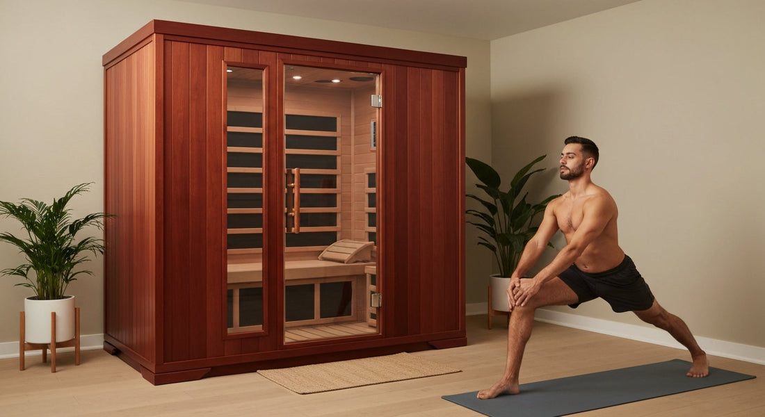sauna yoga routine - Yoga mat and infrared sauna in a serene wellness space, promoting relaxation and holistic balance.