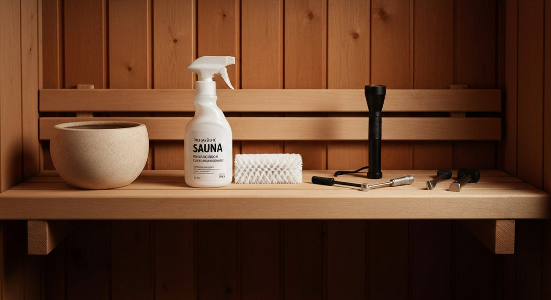 Organized sauna maintenance supplies for seasonal care, including cleaning solutions and inspection tools.