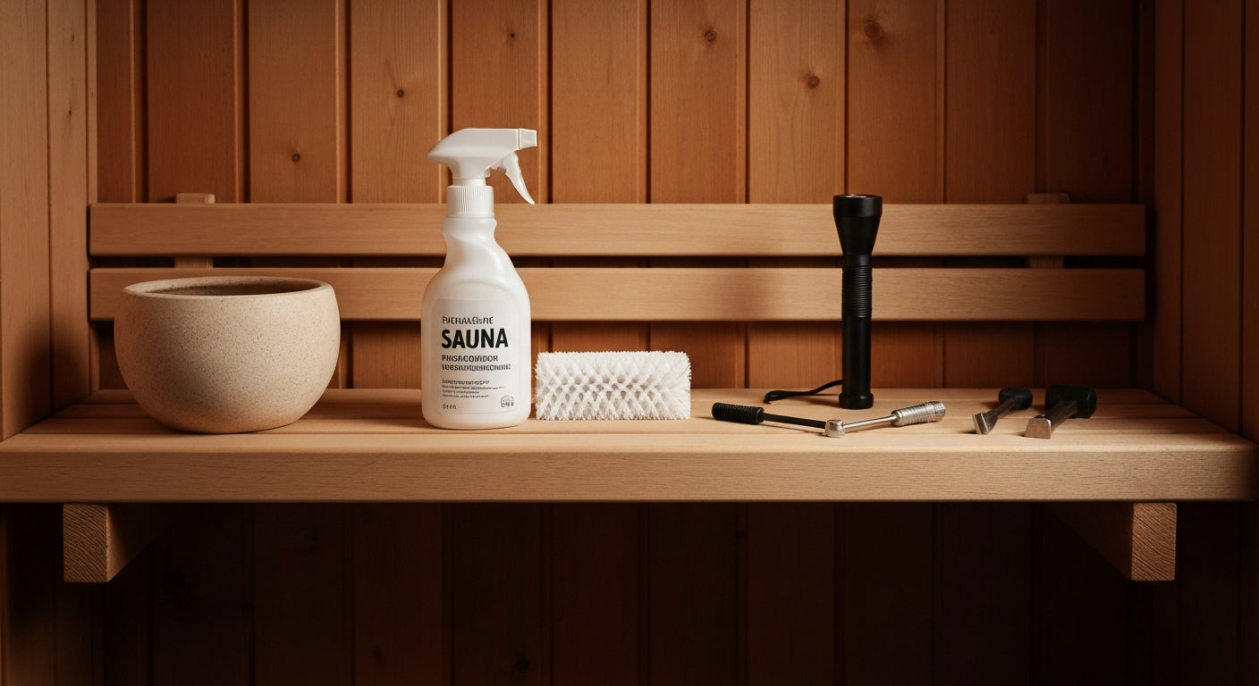 Organized sauna maintenance supplies for seasonal care, including cleaning solutions and inspection tools.
