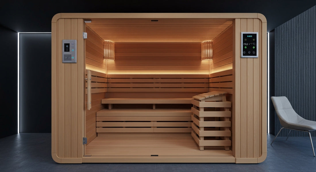 Sauna control panel with digital display and technical details, showcasing repair concepts for infrared sauna...